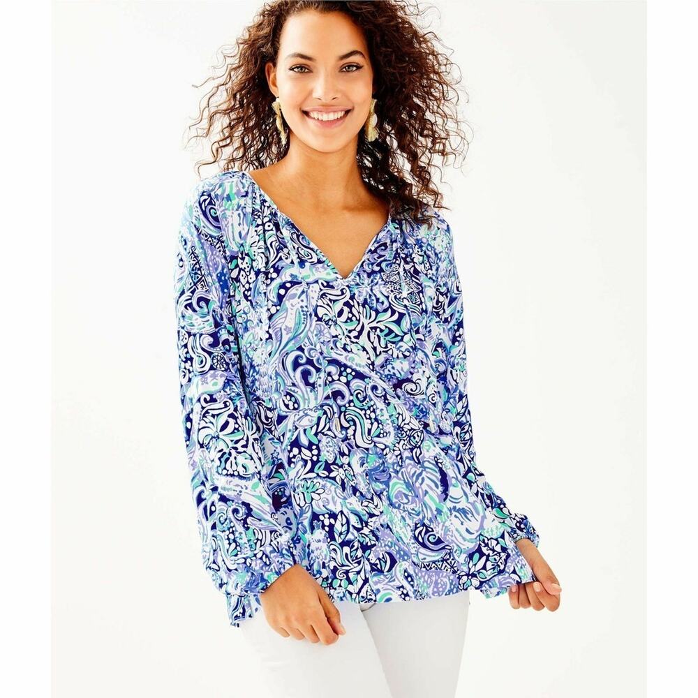 Lilly Pulitzer Womens Blue White Graphic Willa Blouse Top Small